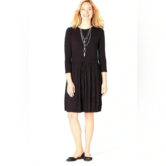 J.Jill Pleated Knit Dress Drawstring Waist Women’s Size Large Black Preppy - Picture 1 of 15